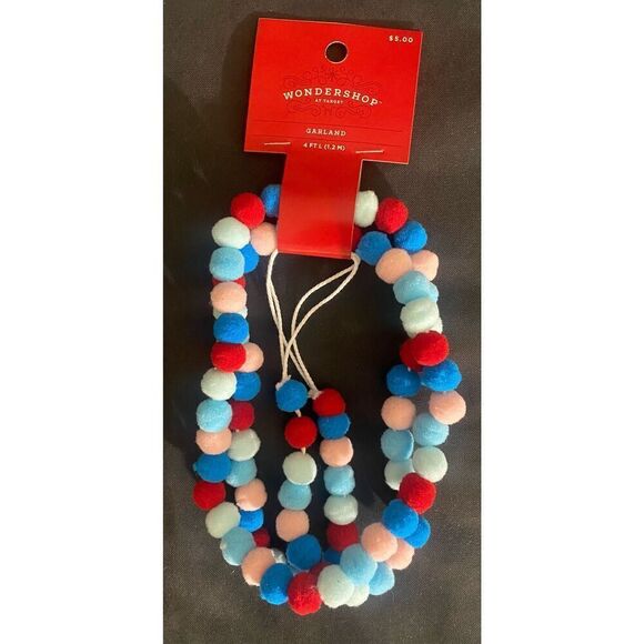 Target 4' Colorful Pom Poms Mini Christmas Tree Garland Blue/Red Wondershop™ - Picture 4 of 5